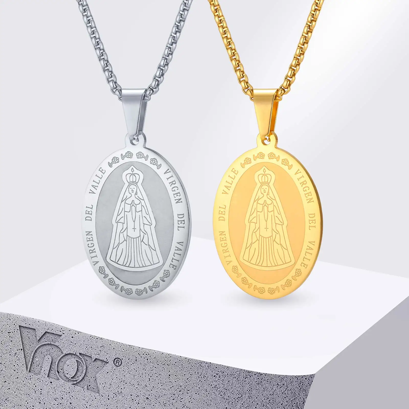 Collar Vnox Virgen del Valle, Medalla Ovalada de Acero Inoxidable, Cadena con Caja, Joyería Religiosa Católica para Hombres y Mujeres