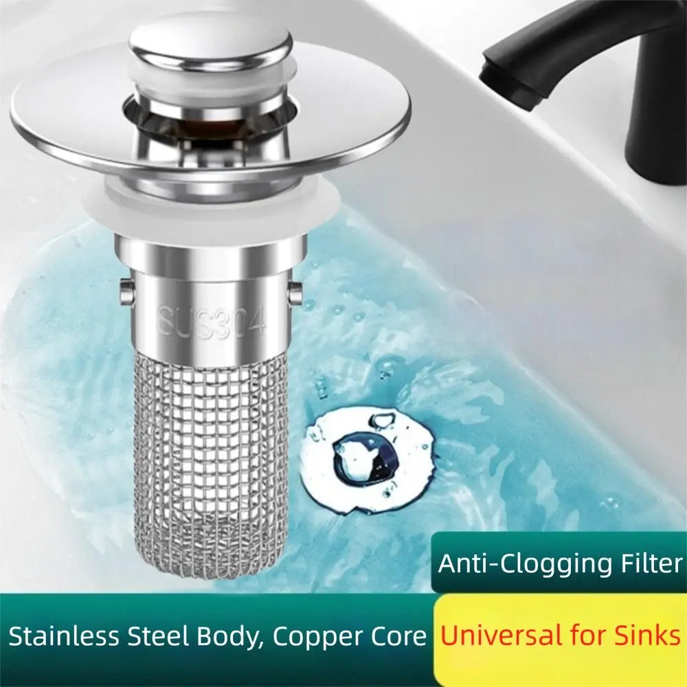 

Stainless Steel Bathroom Sink Drain Strainer Odor Proof Removable Basket Pop-Up Filter Universal Fit Bouncing Core Hair Catcher