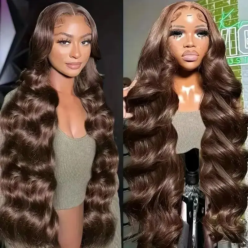 Body Wave Human Hair Wigs #4 Chocolate Brown 46 Inches 250% Density 13x6 13x4 HD Transparent Invisible Lace Frontal Wig Pre Plucked Pre Cut Lace Pre Bleached Knots Pre Styled Brazilian Hair For Women