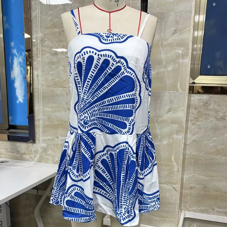 Mini abito da donna con stampa di conchiglie, collo quadrato, cinturino per spaghetti, abito con volant a trapezio senza schienale per i viaggi quotidiani