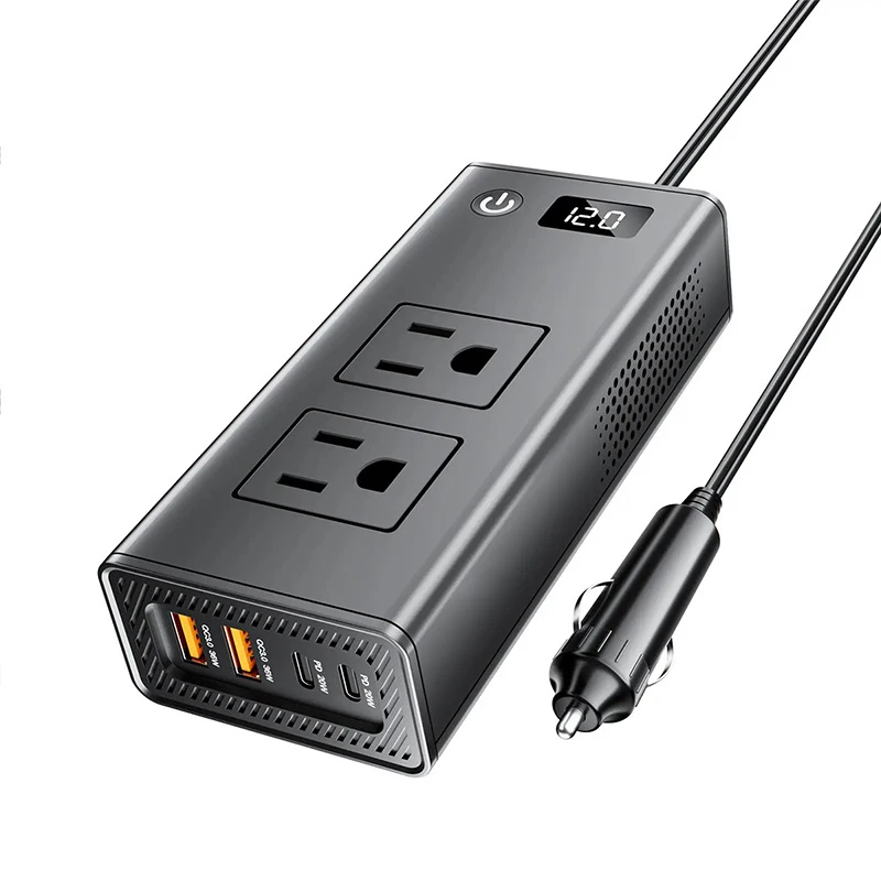 200W Portable Car Inverter Socket Adapter with 2 Sockets and 4 USB Ports Fast Charger Cigarette Lighter Plug for Outdoor Camping