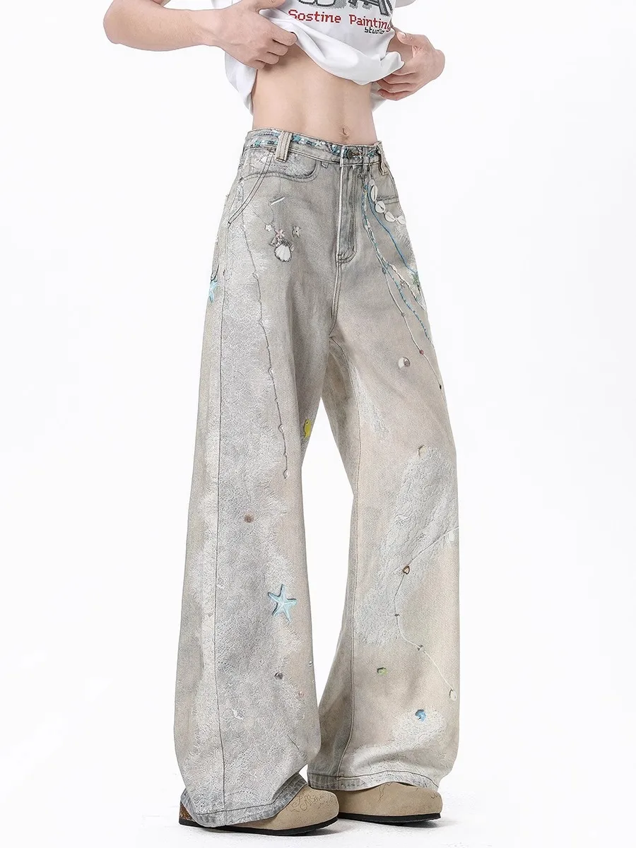

Retro American Chain Print Flared Jeans Men's Trendy Loose All-Match Floor-Length Pants Casual Straight Leg Loose Fit