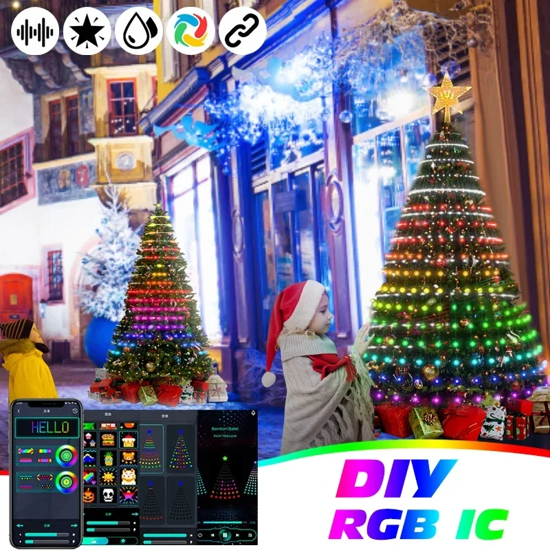 Dekorasi Natal 2024 pohon Natal lampu Led String aplikasi DIY gambar LED RGB IC lampu peri kontrol Bluetooth