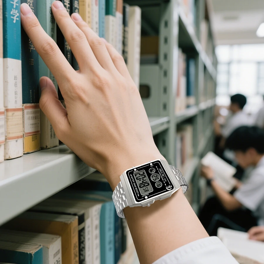 ساعة رقمية من الفولاذ المقاوم للصدأ للرجال - شاشة LED متعددة الوظائف، كرونوغراف مضيء مع منبه، (30 متر)، طراز كاجوال