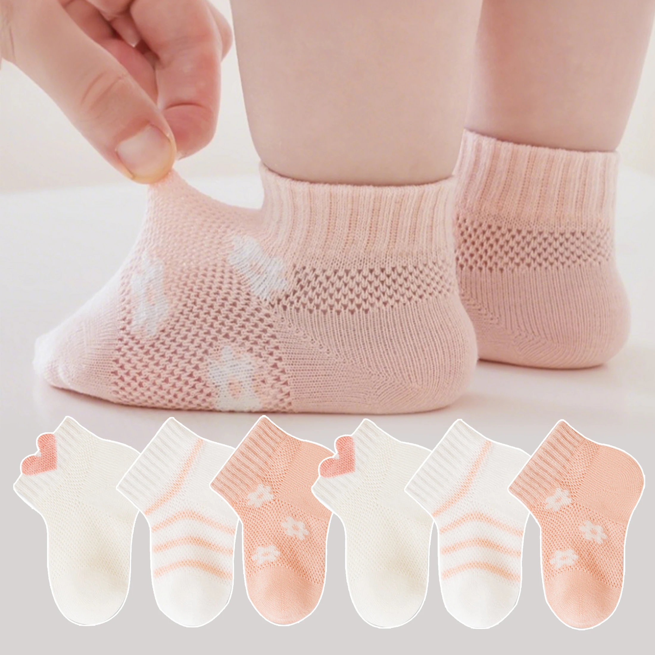 3 Pairs of Children's Socks with Cartoon Orange Flower Pattern, 3D Heart Design, Japanese Style Versatile Striped Mesh Breathable Mid-Tube Socks, Suitable for Daily Casual Life