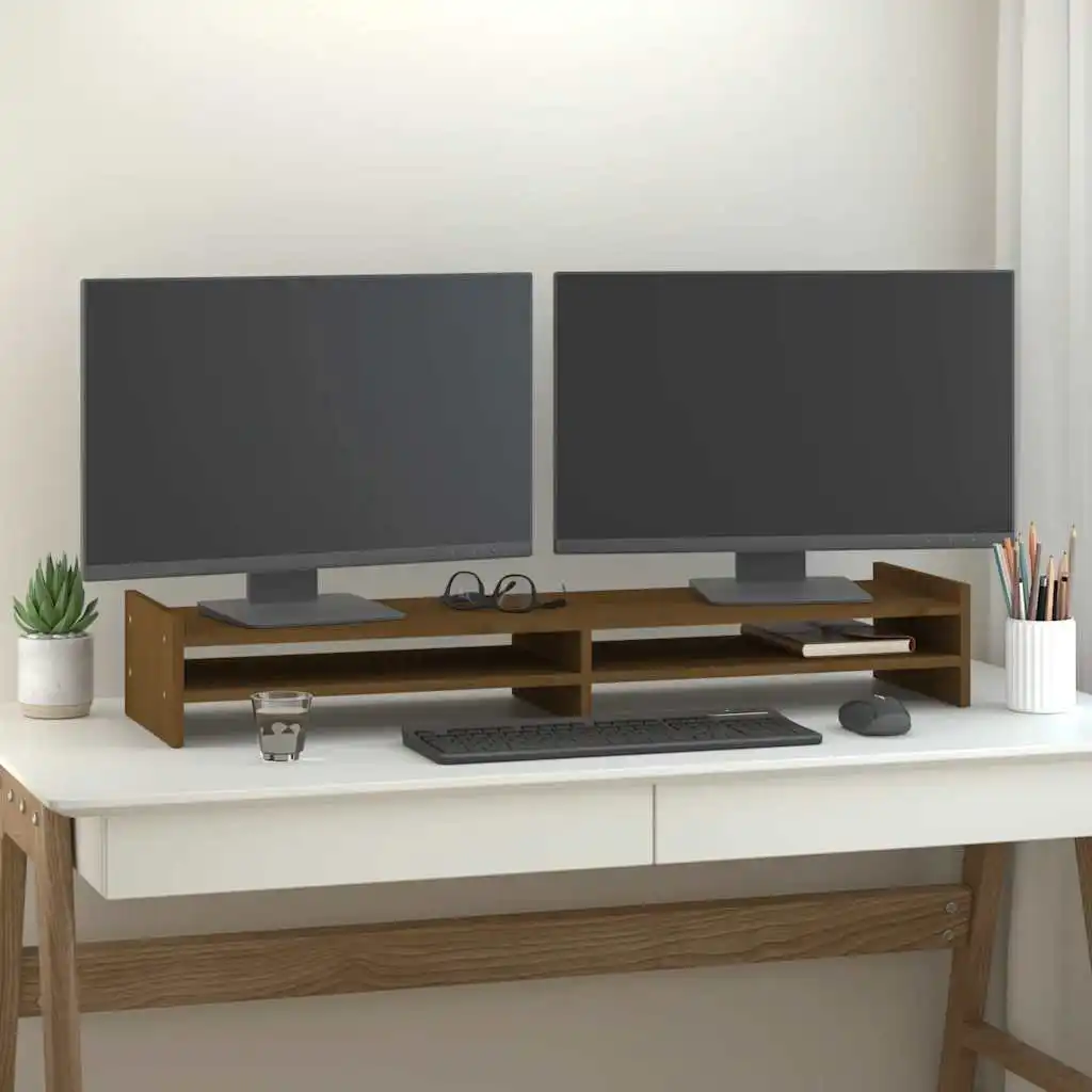 Honigbrauner Monitorständer 100x27x15 cm aus massivem Kiefernholz, Computer-Monitorständer mit Ablage, ergonomischer Bildschirmständer, Desktop-Organizer für das Home Office