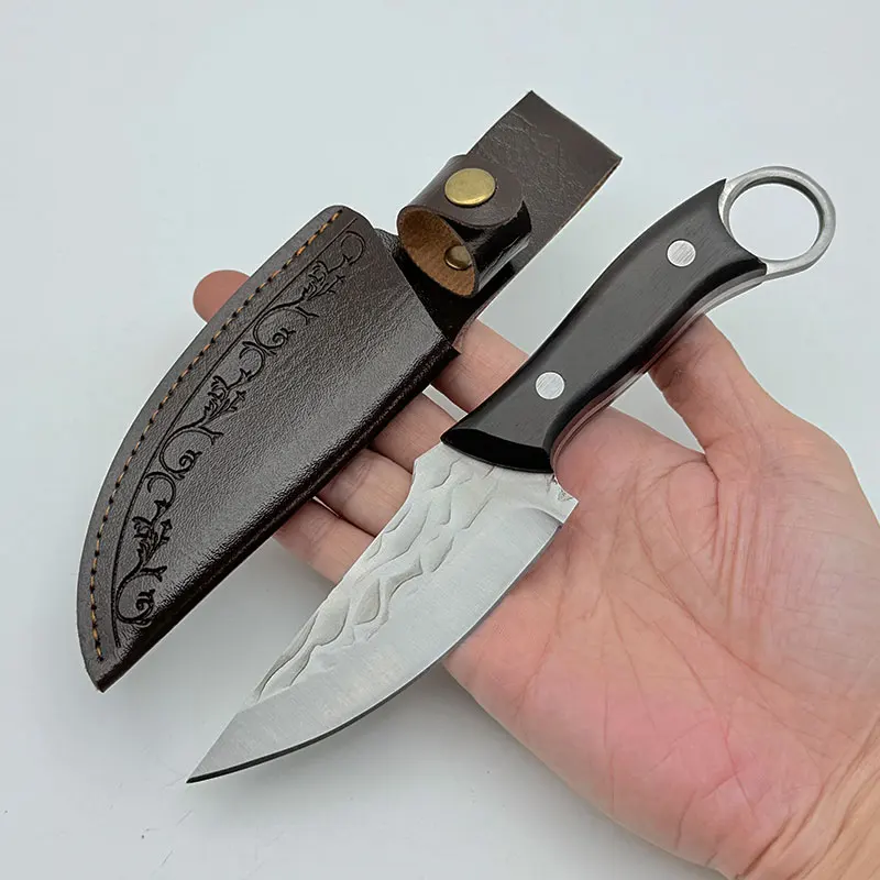 Fixed Blade Kitchen Paring Knife with Sheath, Hammered Stainless Steel Sharp Blade, Ergonomic Wood Handle for Peeling & Food Pre