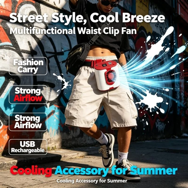 4-in-1 Waist Hanging Clip Fan Outdoor Portable USB Rechargeable Multifunctional Cooling Fan with Long Battery Life High Airflow