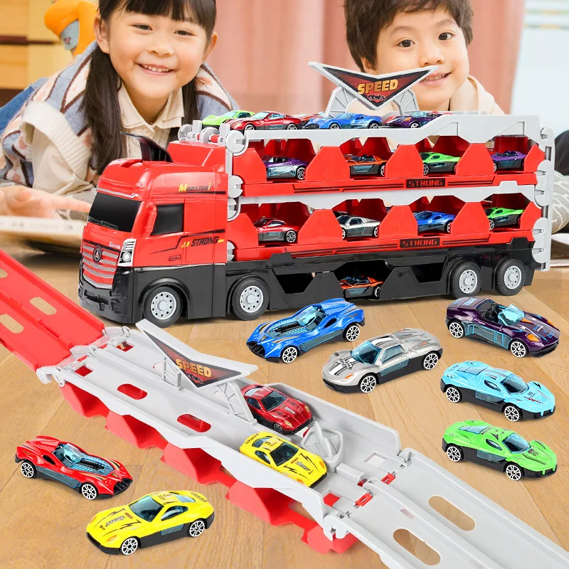 Multi-track Folding Deformation Ejection Large Truck Alloy Sports Racing Car Model Can Storage Inertial Transporter Toys Gifts