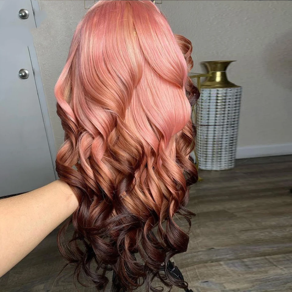 Perucas de cabelo humano ondulado para mulheres, cabelo remy brasileiro, peruca frontal de renda transparente, destaque ombre colorido, marrom e rosa, 180%