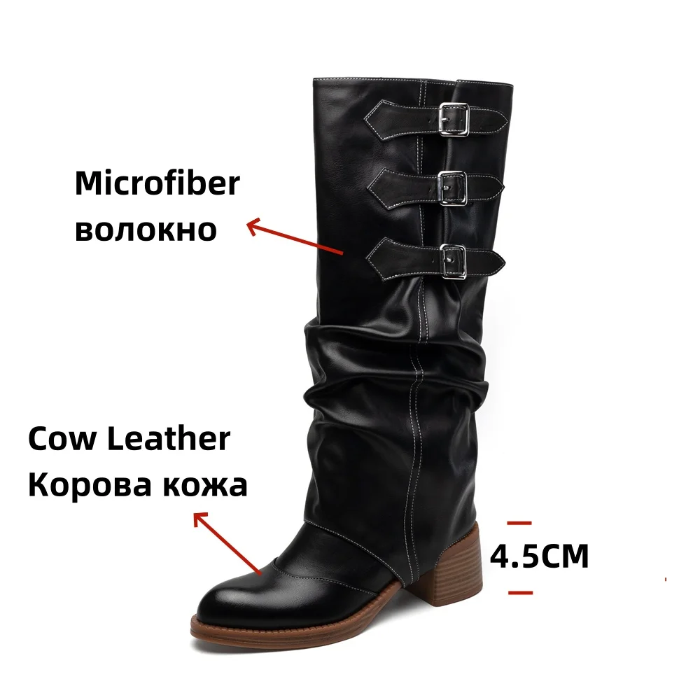 FEDONAS Women Knee High Boots Genuine Leather Buckles Long Motorcycle Boots Warm Punk Sexy Party Shoes High Motorcycle Boots