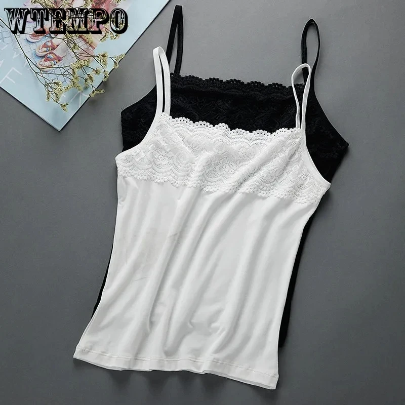 Women\'s Slim Fit Large Top with Strap Tank Top Spring and Summer Lace Underlay Black and White