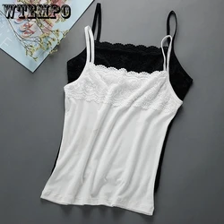 Women's Slim Fit Large Top with Strap Tank Top Spring and Summer Lace Underlay Black and White