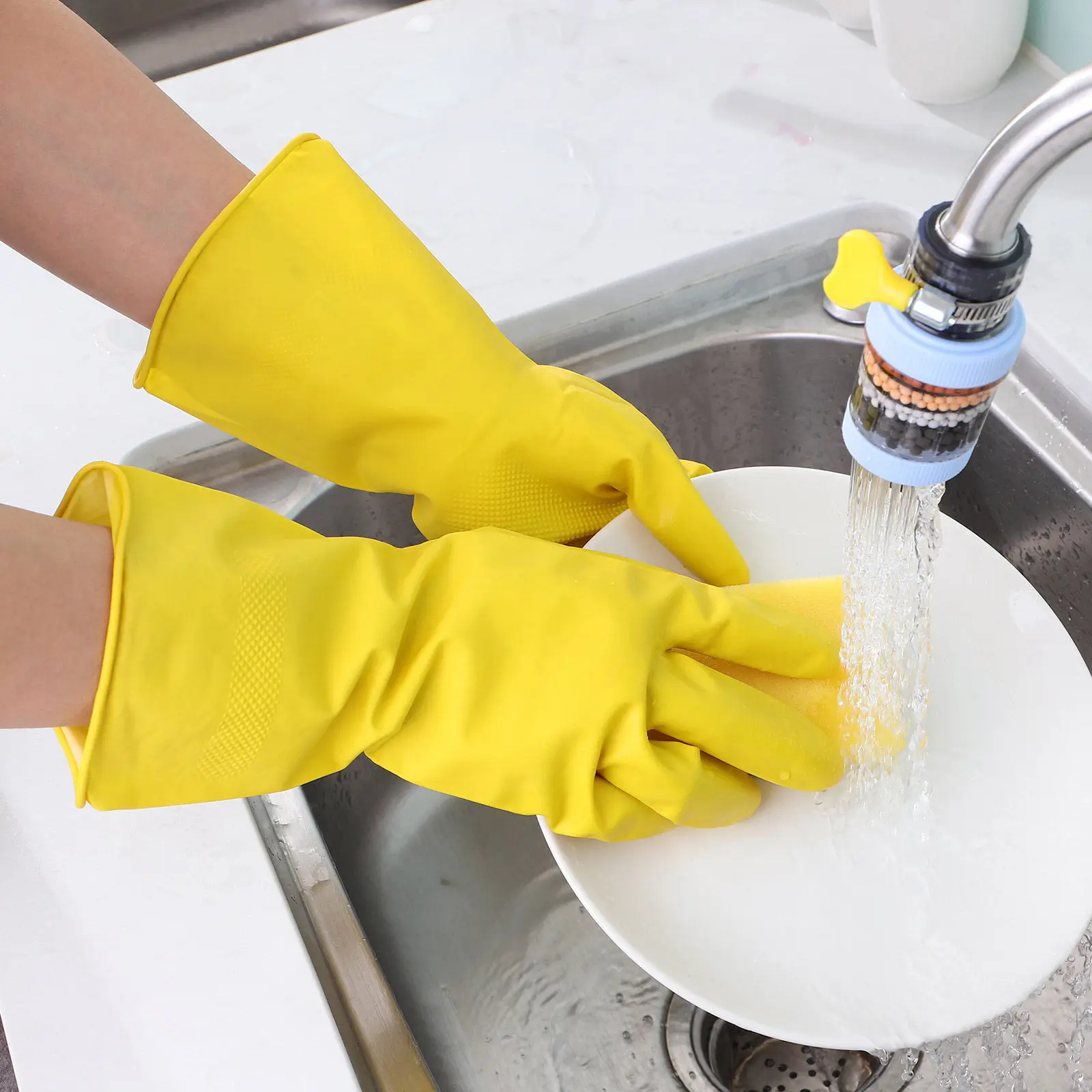 3Pairs Comfortable Latex Dishwashing Gloves Long Cuff Cleaning Gloves for Washing Dishes Gardening Laundry Skin Friendly