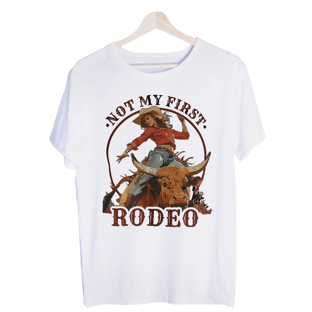 Women's Cowgirl and Bull Western Graphic Tee, Short Sleeve Rodeo Style T-Shirt for Casual Country Outfits