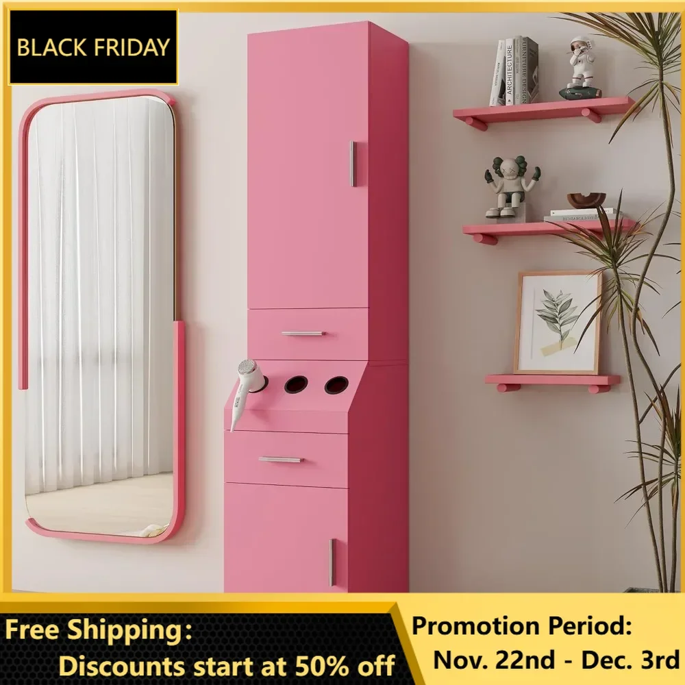 Modern Salon Station for Hair Stylist Wall Mounted Styling Station Wooden Beauty Salon Spa Locking Storage Cabinet Table Pink