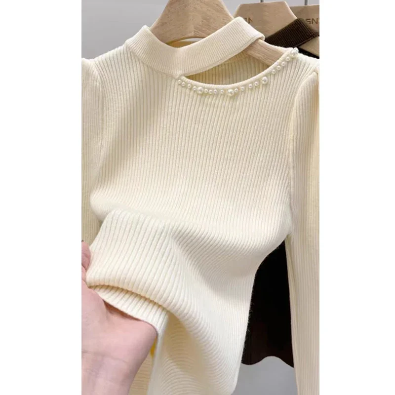 

Fashion Half High Neck Pullover Knitted Sweater for Women New Hollowed Out Shoulder Women Sweaters Autumn Winter Clothes 30238