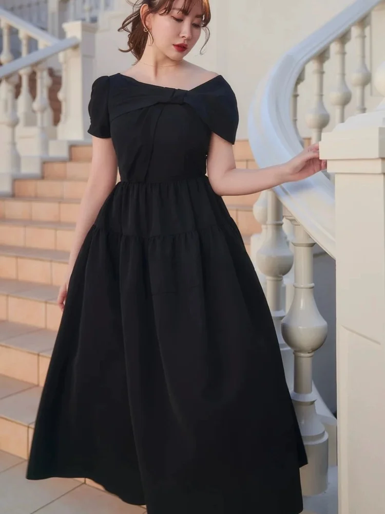 

Однотонное многослойное плиссированное платье с бантом в китайском стиле, с завышенной талией, А-силуэт, миди, с коротким рукавом, цветное, весна-лето