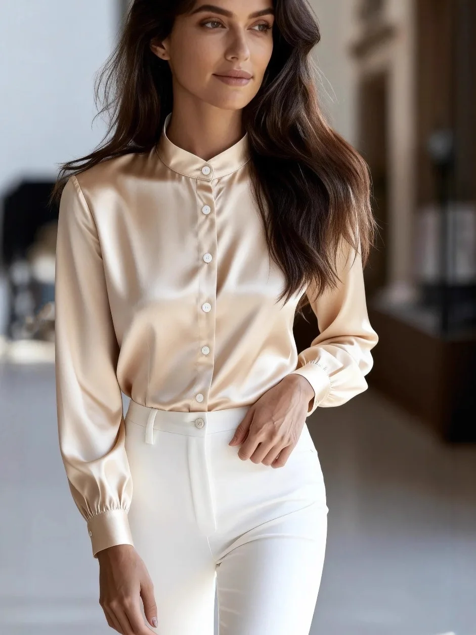 

Ele Long Sve Stand Collar Button up irt Women's Faion Casual Workwear Pure Color Commute Sle Polyester Fiber