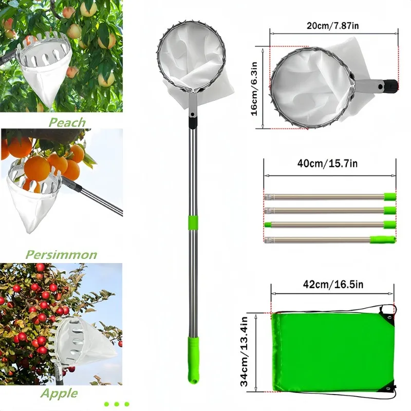 Telescopic Fruit Picker With Net Bag And Storage Pouch For High Branch Harvesting Apples Peaches Persimmons Garden Tool