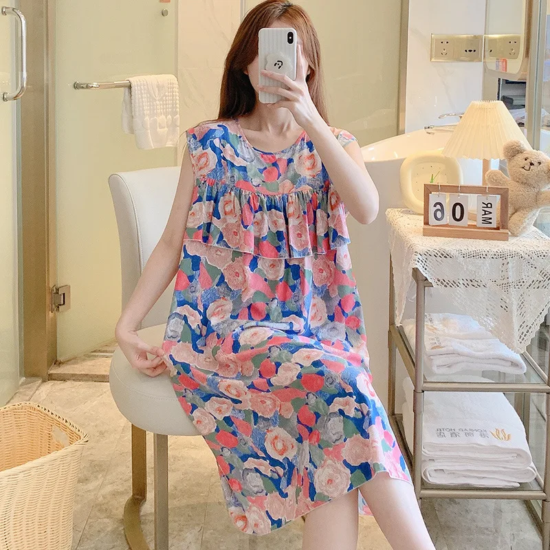 Women Viscose Nightgowns Round Neck Pajama Dress Floral Sleepdress Nightshirt Nightdress Sleeveless Sleepwear Casual Sleepshirt