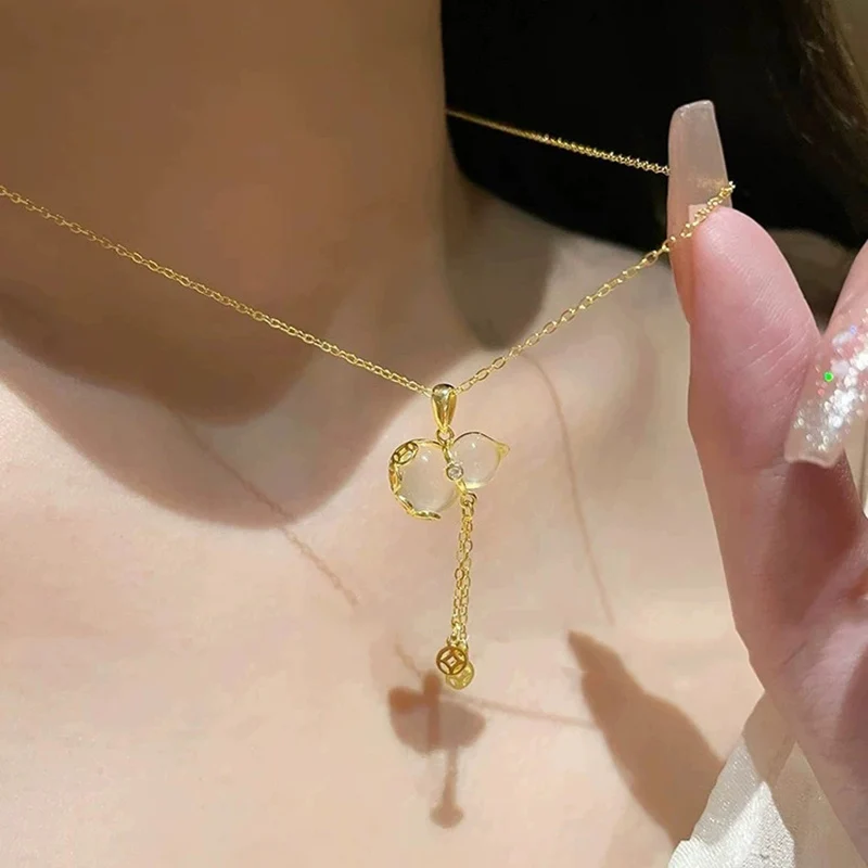 Jade Marrow Gourd Necklace for Women Simple New Chinese Coin Clavicle Chain Fashion High end Tassel 925 Silver Necklaces KOFSAC