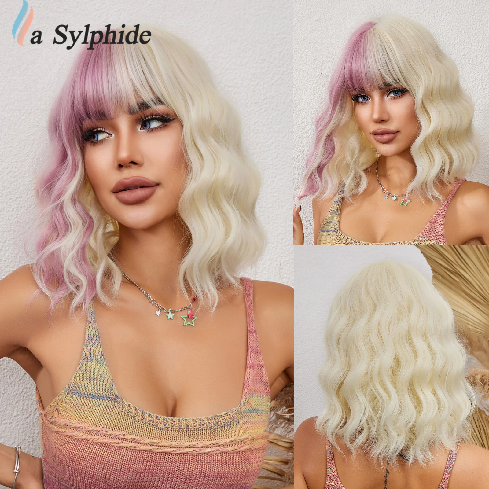 

La Sylphide Pink Blonde Ginger Synthetic Wigs with Bangs Medium Water Wave Natural Bob Daily Hair Wigs for Women Heat Resistant