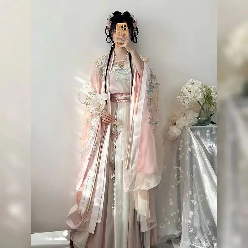 Hanfu Dress Women Large Size 2XL Ancient Chinese Traditional Embroidery Hanfu Cosplay Costume Dance Dress Blue Pink Hanfu Dress