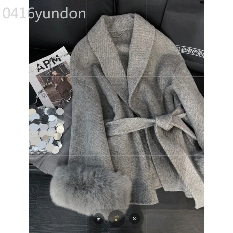 Wool & Blends Bandage Waist Fur Sleeve Coat Women Trench Winter Clothes Top Grey Jackets Wrap Vintage Streetwear