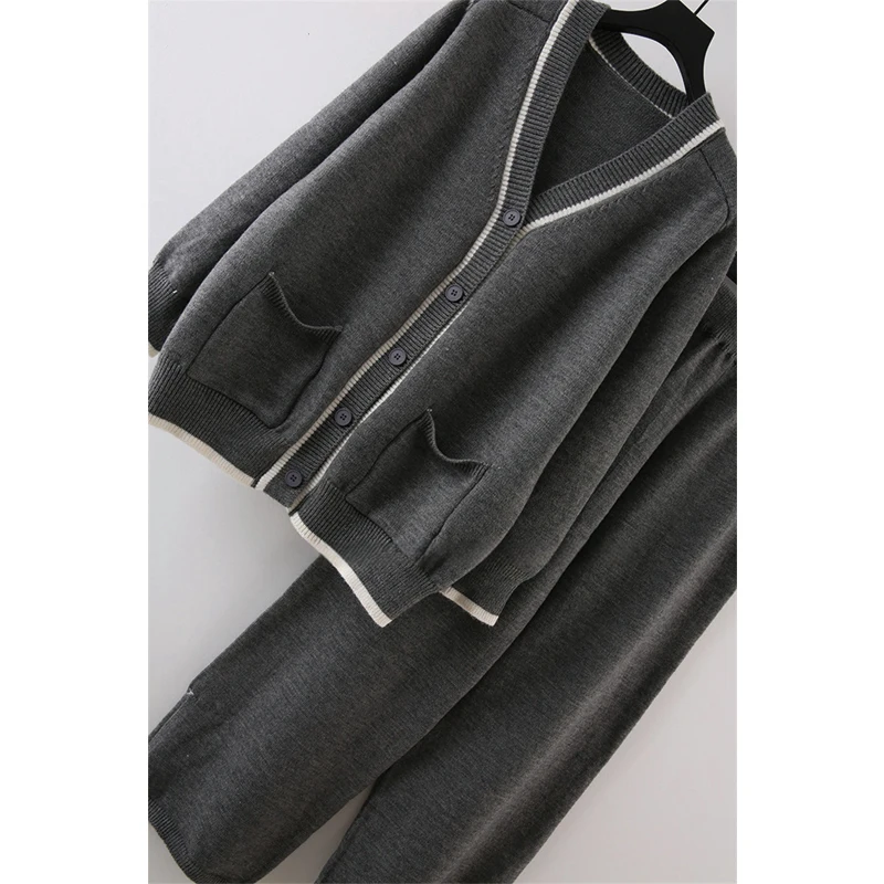 BGTEEVER Casual Thicken Warm Female Knitted Trousers Set V-neck Single-breasted Cardigans & Wide Leg Pants Women Sweater Set