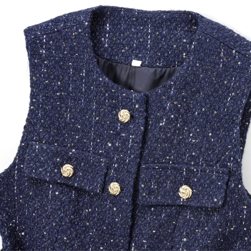 

Элегантный повседневный жилет, топы, осень 2023, новый стильный женский жилет, текстурированная куртка без рукавов с поясом и пайетками