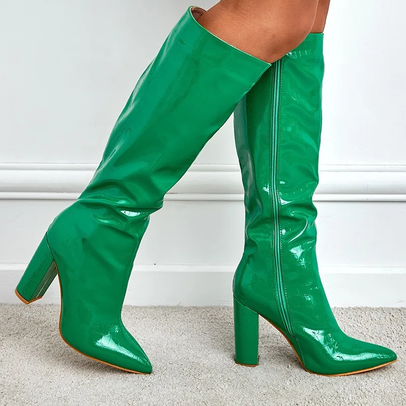 2026 Women's Crocodile Pattern Knee High Boots Glossy Patent Leather Pointed Toe Chunky Heel Side Zipper Shoes Botas Para Mujer