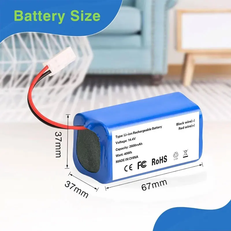 Batteria al litio ricaricabile 18650 14,4V 2600mAh, ricambio per aspirapolvere e lavapavimenti robot XIAOMI MIJIA Mi Essential MJSTG1 SKV4136GL Puppyoo R30 FLYCO FC9601. Batteria Li-ion originale