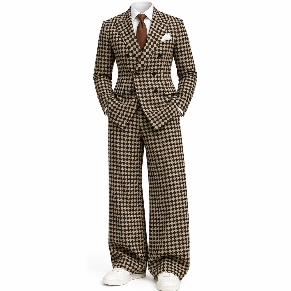 Men Houndstooth Check Suit 2 Pieces Double Breasted Blazer Wide Leg Pants Fashion Formal Wedding Party Outfit Custom Made
