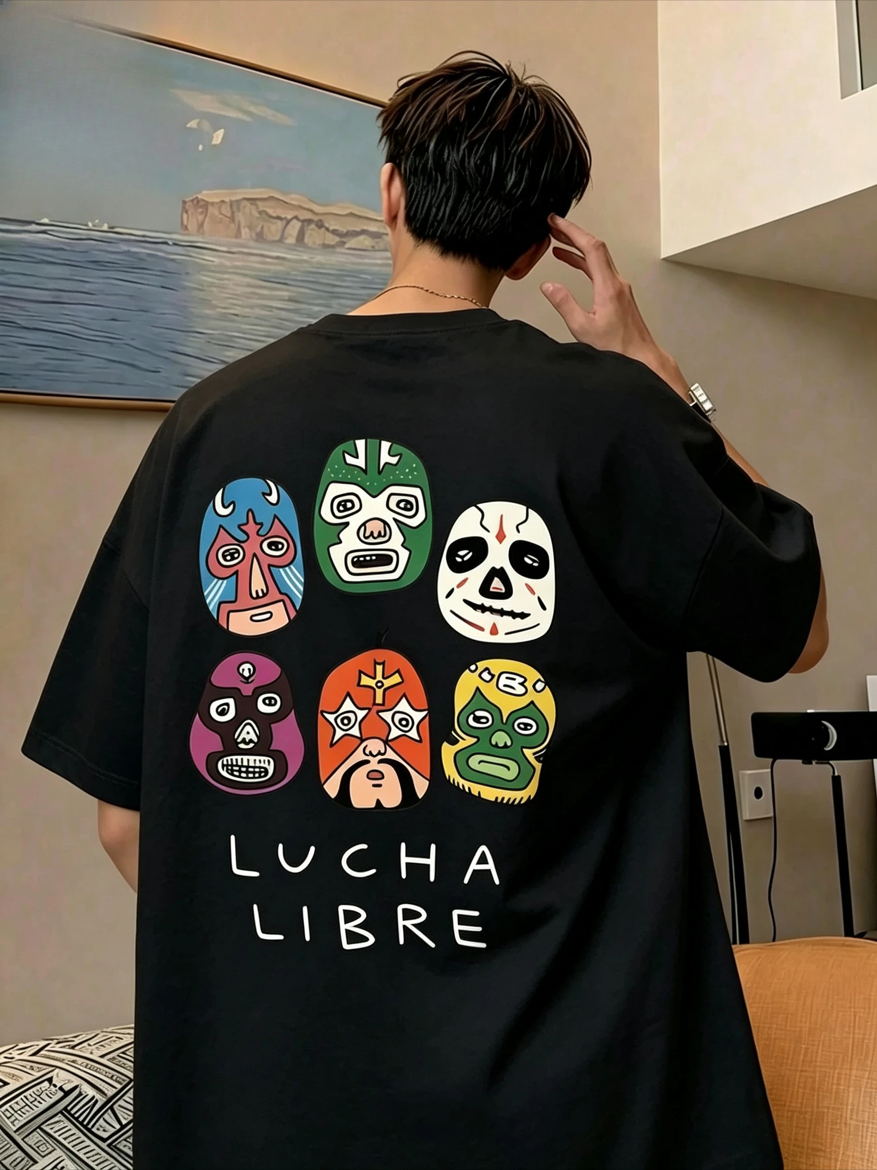 2026 New Family Matching T‑Shirt Lucha Libre Mexican Wrestler Masks Cartoon Back Print Oversized Cotton Short Parent‑Child Tops