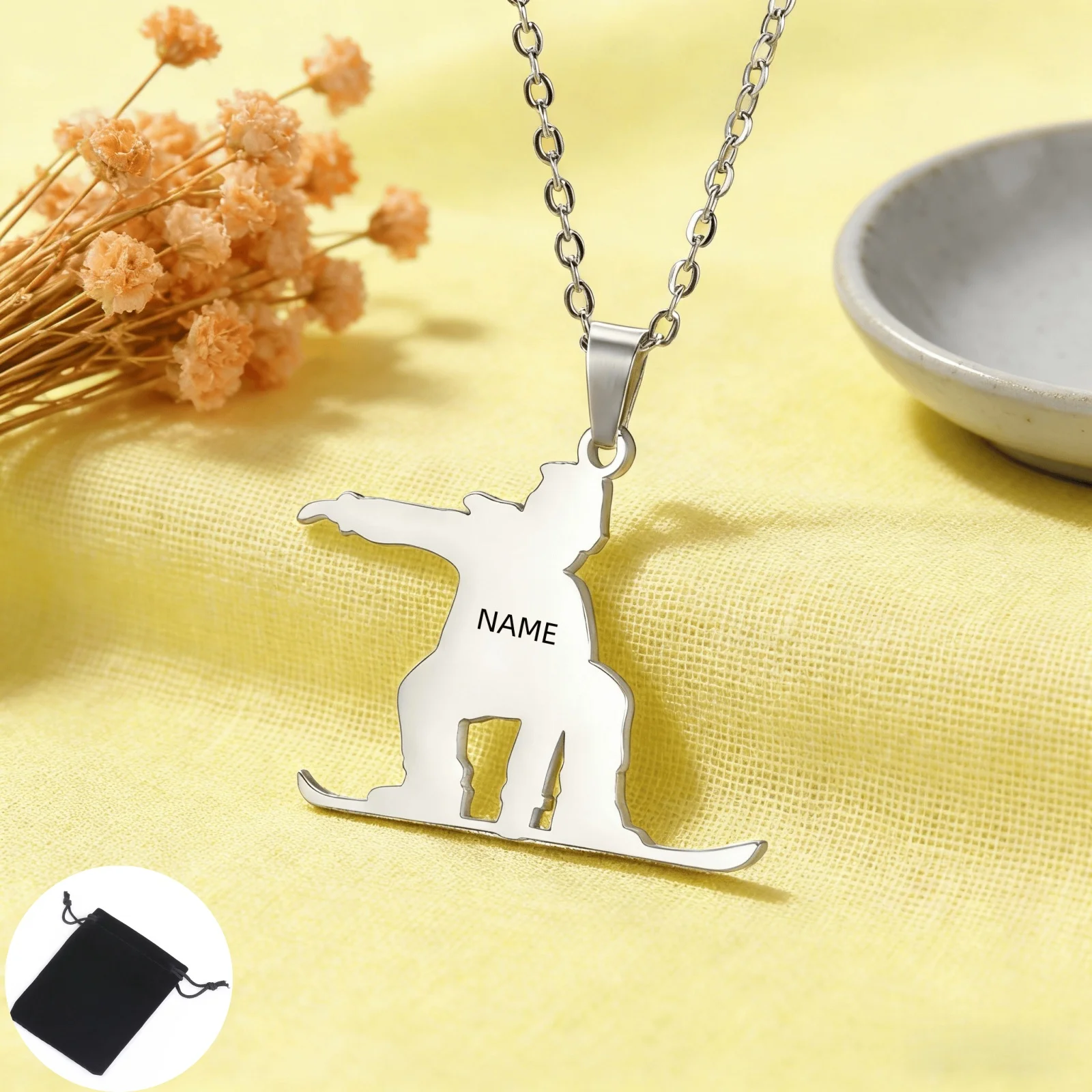 

Customized Name Text Skiboard Single Board Small Figure Necklace Stainless Steel Winter Sports Snow Surfing Adventure Necklace