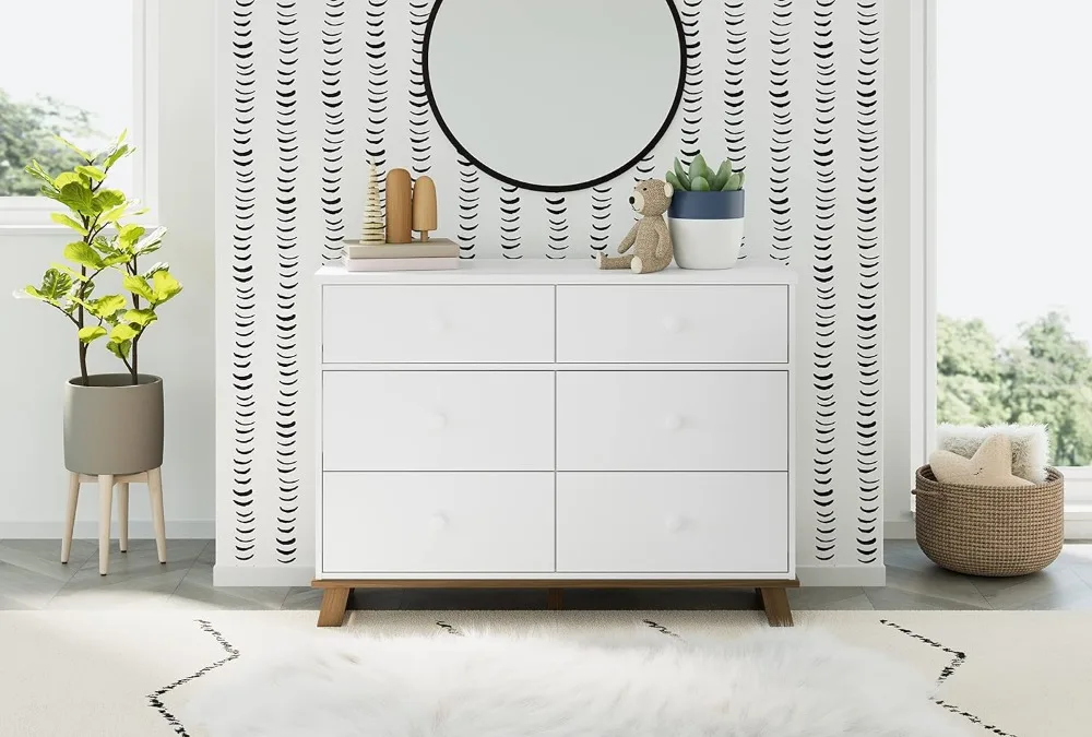 

Modern 6 Drawer Double Dresser (White with Vintage Driftwood) – GREENGUARD Gold Certified, Modern Double Dresser for Nursery