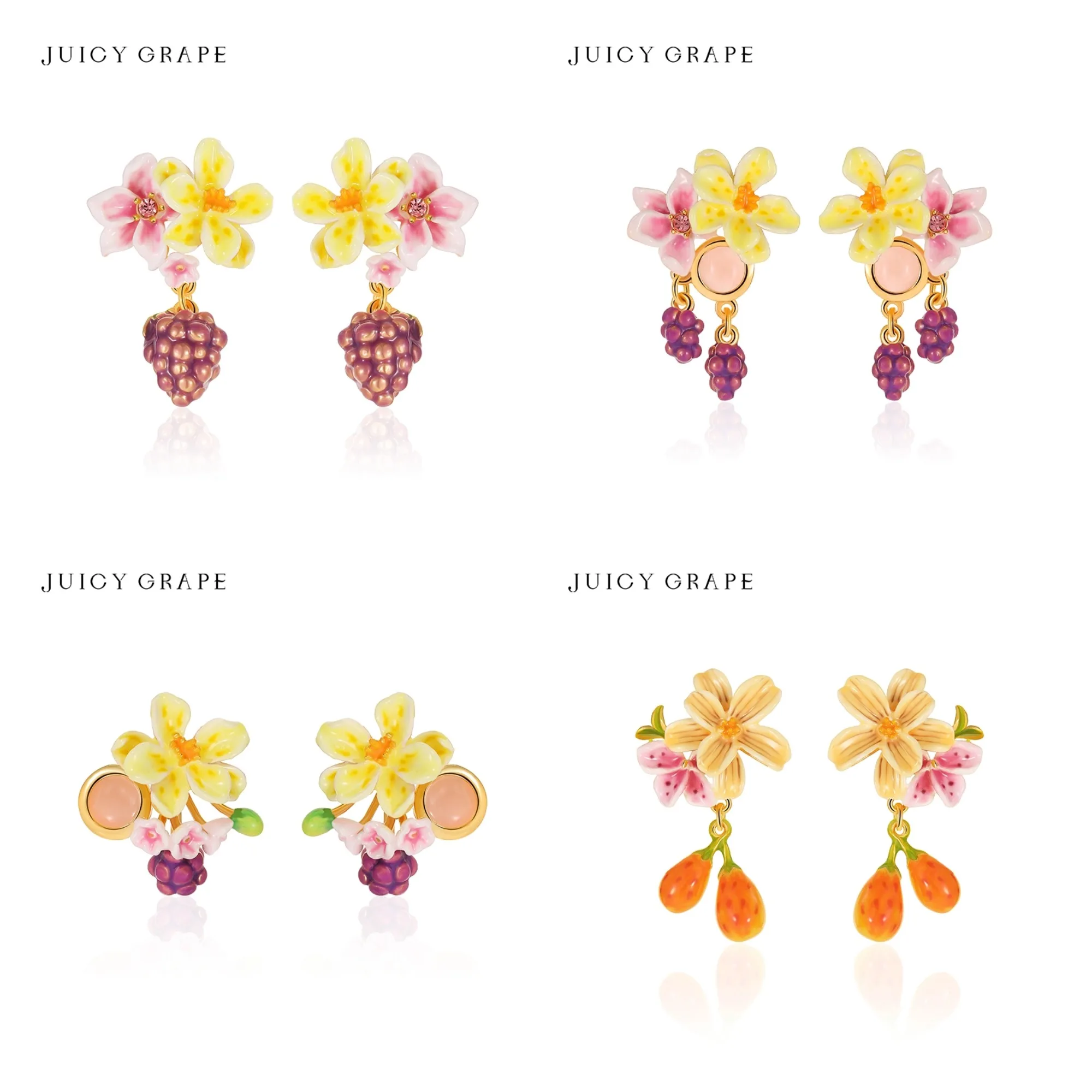 Juicy Grape Gold Plated Enamel Earrings Pear Blossom Grape Floral Fruit Charms Boho Summer Jewelry Gift for Women
