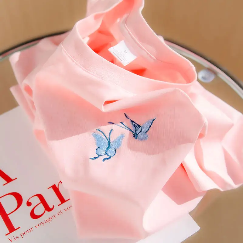 Women's Unisex Short Sleeve T-Shirt Embroidered Ice Butterfly New Arrival 2026 Summer Oversized Loose Fit Couples Wear