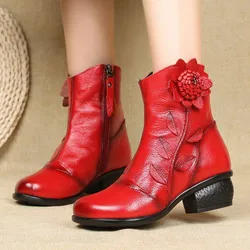 Genuine Leather Boots Woman Winter 2025 Round Toe Ankle Boot Female Low Heel Shoe Woman Short Booties Black Red