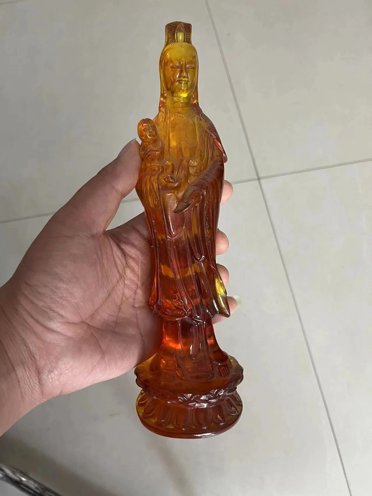 

24cm*/China Rare Old Amber Carving Efficacy Kwan-Yin Send You Child Noble Statue