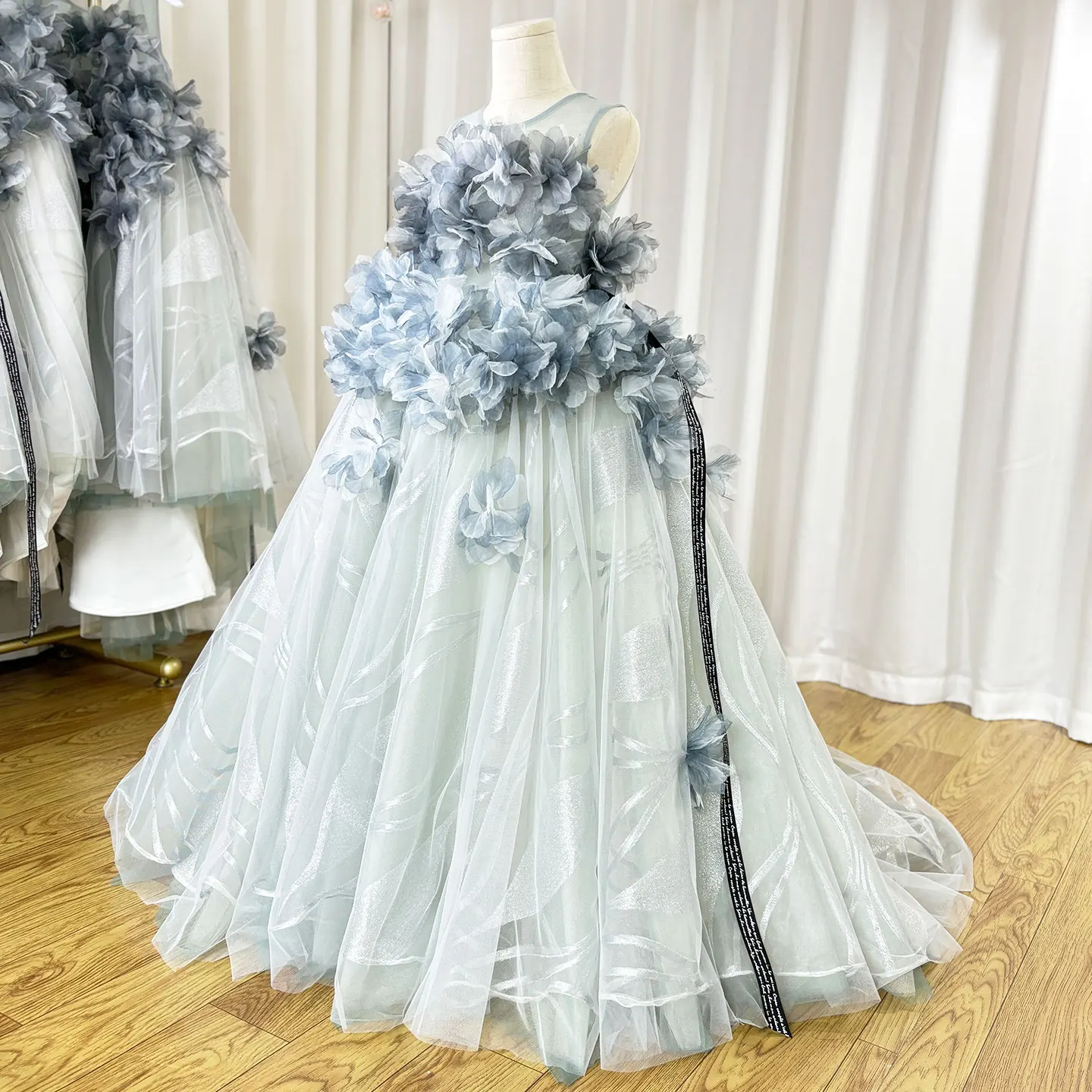 Jill Wish Luxury Gray Kids Girl Dress Handmade Flower Ribbons Princess A-Line Gown for Birthday Wedding Party Honors Day J018