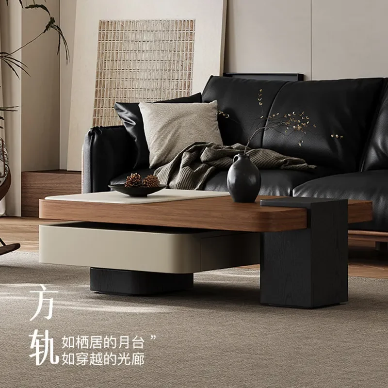 Modern Rock Slab Coffee Table Set with Rotating TV Cabinet and Side Table Square Living Room Furniture