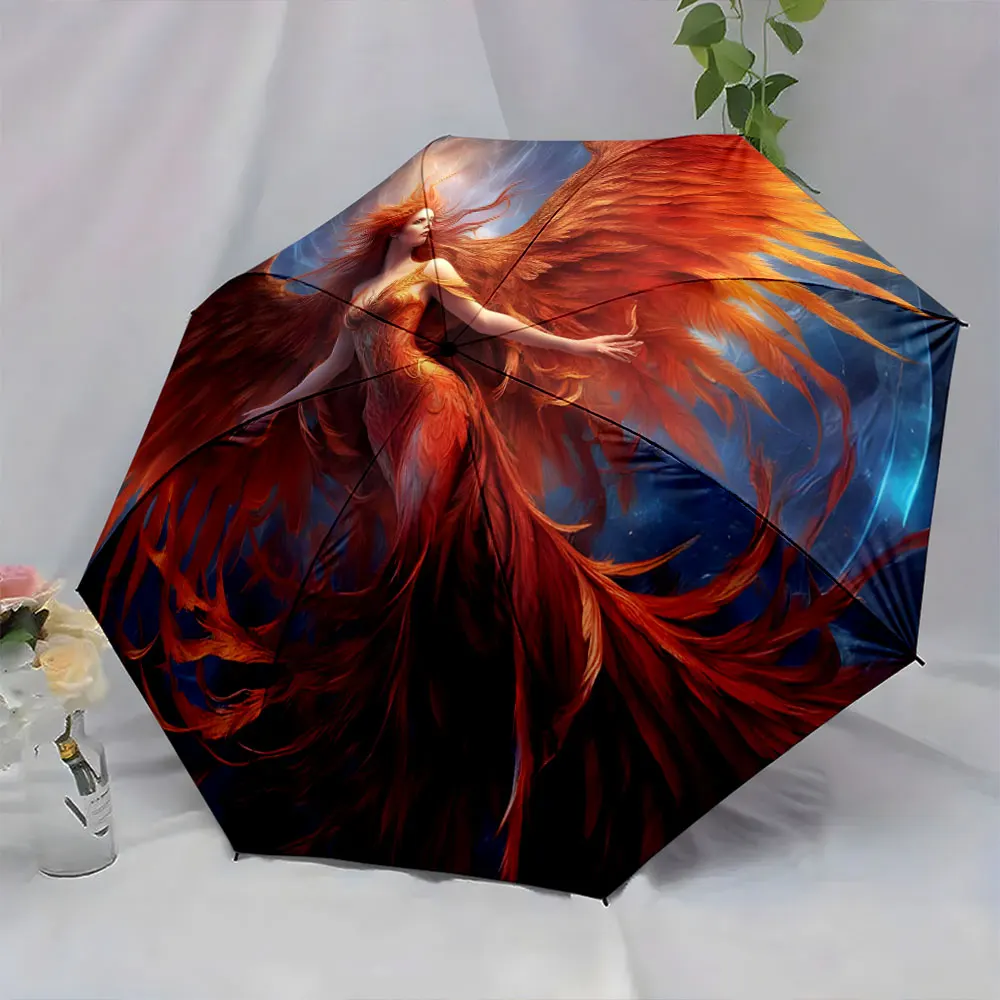 1PC Phoenix-Themed Umbrella with Fiery Artistic Design Print 8 Iron Ribs Folding Umbrella Auto-Open Fashion Sunshade