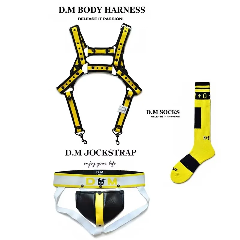 

Men's Underwear Shoulder Jockstrap Thong Socks Set Hot Male Gay Body Chest Harness Metal Conjoined Buckle Belt for Party