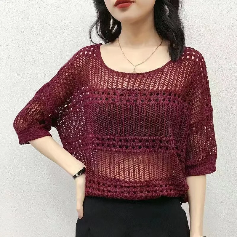 Leisure, Elegant, Sexy 2024 Spring Hollow Round Neck Short Sleeve Knitted Top