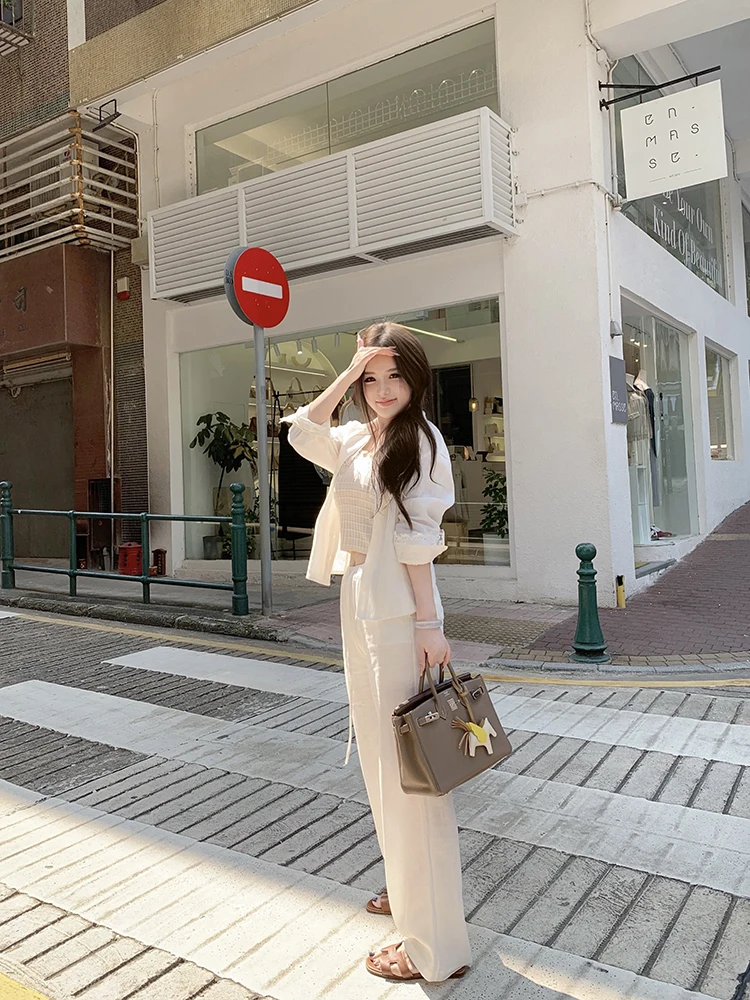 

l Flax Lace irt Vest Long Casual Pants Skirt Set Morning Bean Women's Faion Spring Summer Outfit Four-Piece Set