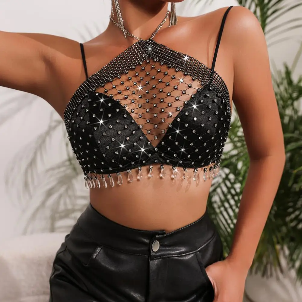 Fishnet Detail Halter Top Sparkling Rhinestone Halter Top with Fishnet Detail Backless Design Sexy Crop Top for Women Backless