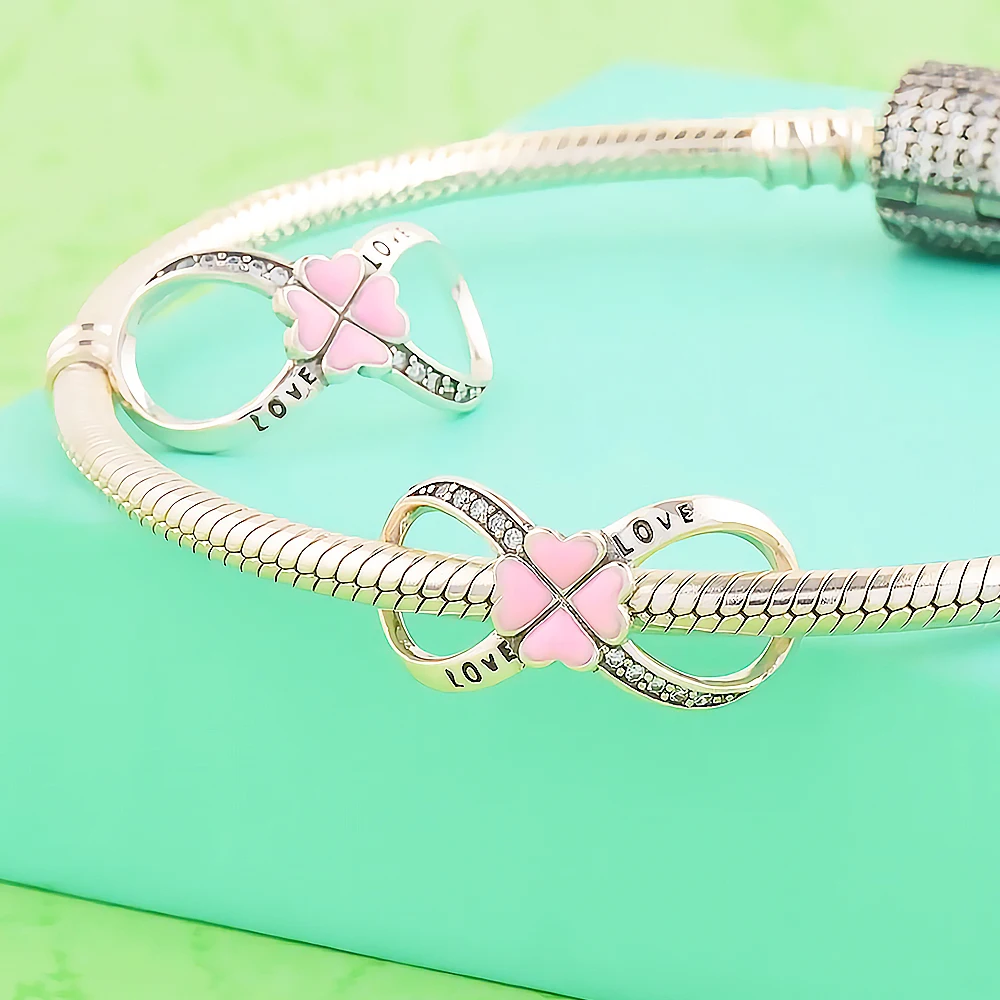 925 Sterling Silver Infinity Love Charm Pink Enamel Heart CZ Bead Fit Original European Bracelet For Women DIY Fine Jewelry Gift