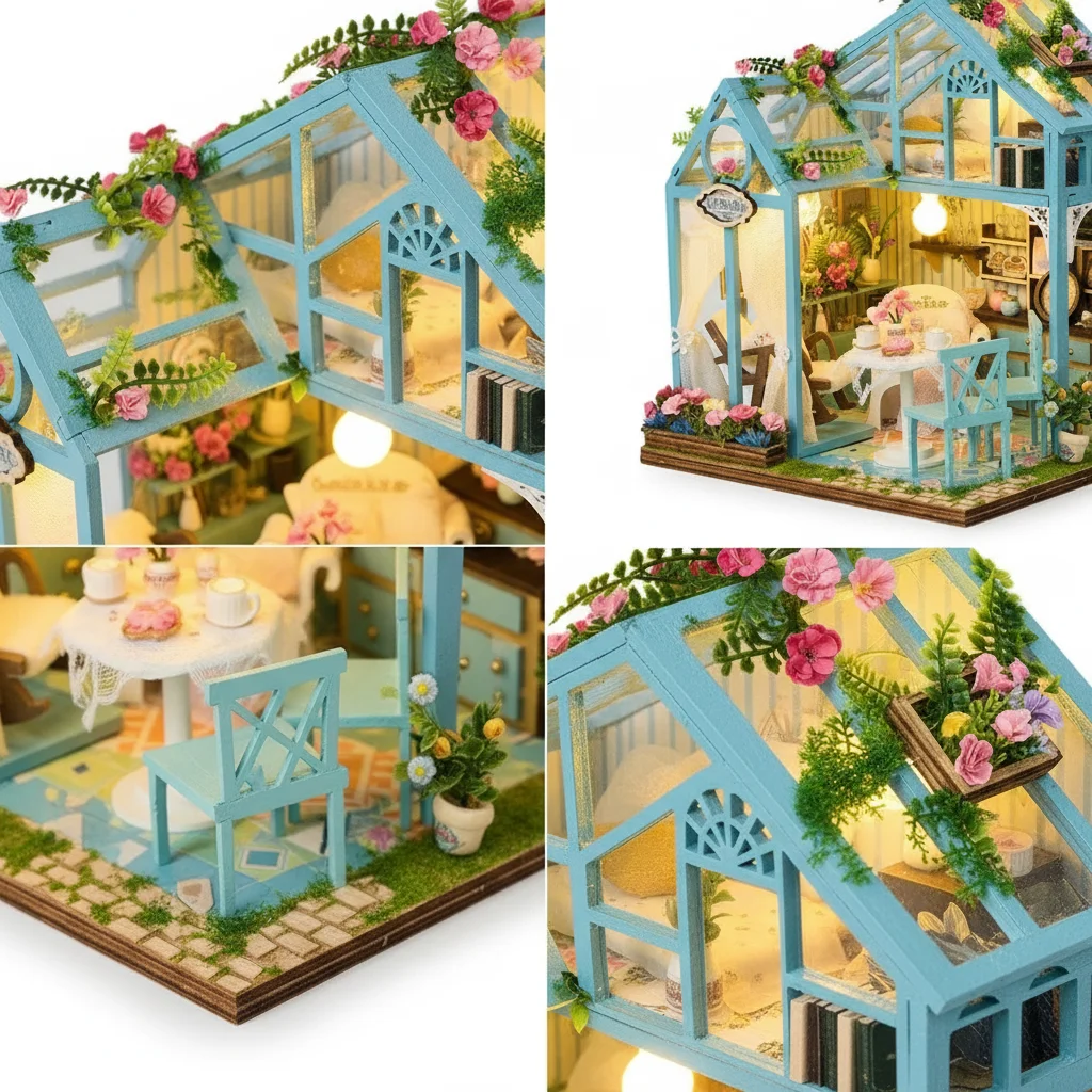 مجموعة بناء مصغرة لبيت الدمى الخشبي DIY مع أثاث ديكور منزلي هدية للأصدقاء #3